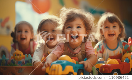 AI-generated content. A group of happy toddlers playing with colorful toys in kindergarten 110986431
