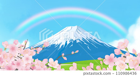Mt. Fuji in spring with cherry blossoms and snow cap 110986436