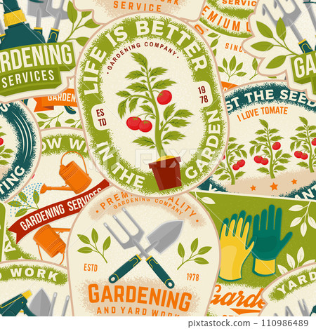 Life is better in the garden emblem, patch, sticker. Vector illustration. For sign, patch, shirt design with rake, seedlings, gardening equipment. Seamless pattern or background Life is better in the garden emblem, patch, sticker. Vector illustration. For sign, patch, shirt design with rake, seedlings, gardening equipment. Seamless pattern or background 110986489
