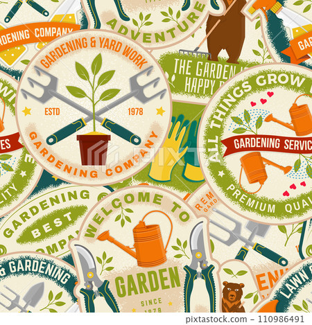 The garden is my happy place emblem, patch, sticker. Vector illustration. For sign, patch, shirt design bear with rake, seedlings, bee, gardening equipment. The garden is my happy place emblem, patch, sticker. Vector illustration. For sign, patch, shirt design bear with rake, seedlings, bee, gardening equipment. 110986491