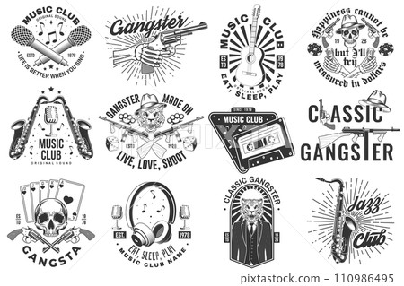 Set of gangster and retro music poster, banner. Vintage design for t shirt, emblem, logo, badge design with gangster, submachine gun and retro microphone, saxophone, audio cassette, guitar. Vector. 110986495