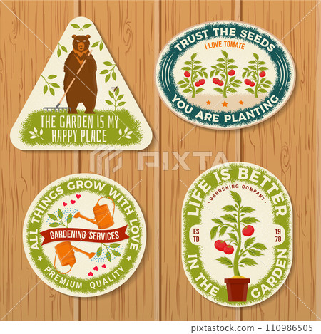 The garden is my happy place emblem, patch, sticker. Vector illustration. For sign, patch, shirt design bear with rake, seedlings, bee, gardening equipment. The garden is my happy place emblem, patch, sticker. Vector illustration. For sign, patch, shirt design bear with rake, seedlings, bee, gardening equipment. 110986505