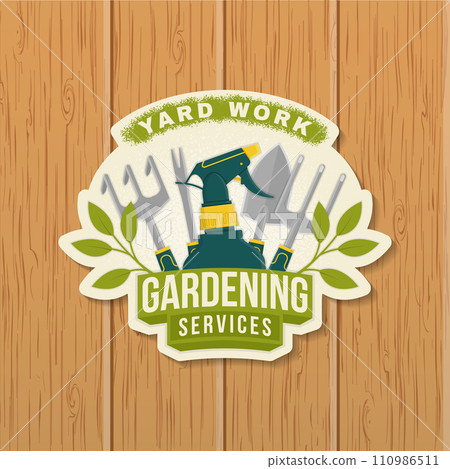 Gardening services emblem, label, patch, sticker. Vector illustration. For sign, patch, shirt design with flower, hand garden trowel, farming fork, sprayer, hand rake, gardening equipment 110986511