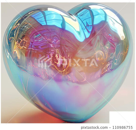 AI-generated content. Opal Iridescent 3D Heart Icon. Glossy Neon Raindow Heart Shape. 110986755