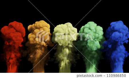 Clouds of multi-colored smoke rise up on a black background. 3d illustration. Clouds of multi-colored smoke rise up on a black background. 3d illustration. 110986850