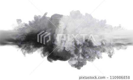 Puffs of white and grey smoke collide against a white background. 3d illustration. Puffs of white and grey smoke collide against a white background. 3d illustration. 110986858