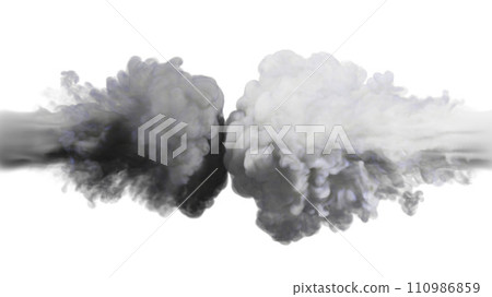 Puffs of white and grey smoke collide against a white background. 3d illustration. Puffs of white and grey smoke collide against a white background. 3d illustration. 110986859