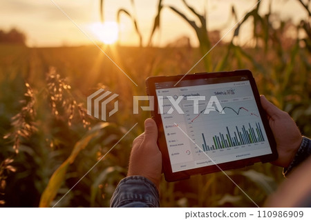 AI-generated content. Close-up of farmer's hands holding tablet in a corn field under the light of setting sun. Farmer uses special application to control crops development. Smart farming and AI-generated content. Close-up of farmer's hands holding tablet in a corn field under the light of setting sun. Farmer uses special application to control crops development. Smart farming and 110986909