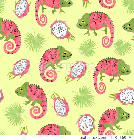 Seamless tropical pattern with chameleons and dragon fruits 110986969