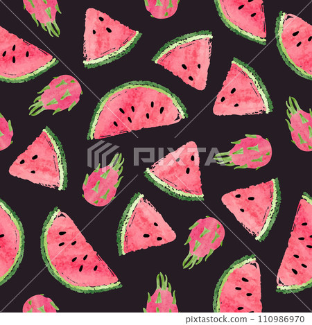 Seamless watercolor dragon fruits and watermelons pattern 110986970