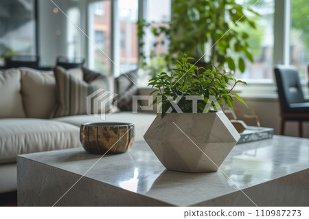 AI-generated content. Interior of bright minimalist living room in modern luxurious apartment. Comfortable corner sofa, stylish coffee table, indoor plants, home decor, large panoramic window AI-generated content. Interior of bright minimalist living room in modern luxurious apartment. Comfortable corner sofa, stylish coffee table, indoor plants, home decor, large panoramic window 110987273