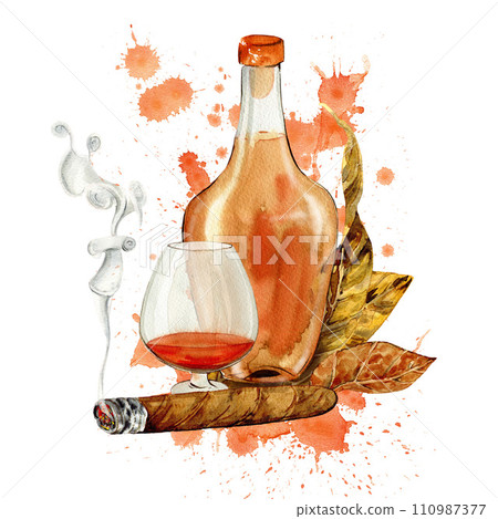 cigars and cognac with tobacco leaves drawn in watercolor, posters, menus, clipart 110987377