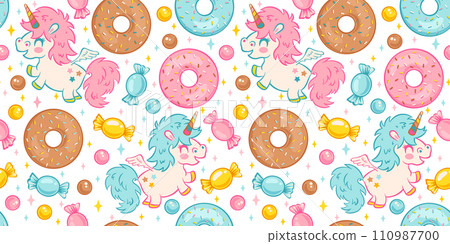 Vector seamless pattern of cute kawaii unicorns with candies and donuts. Pattern for children birthday party with unicorn, candy and donut. Vector seamless pattern of cute kawaii unicorns with candies and donuts. Pattern for children birthday party with unicorn, candy and donut. 110987700