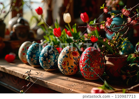 AI-generated content. Easter eggs painted in folklore standing on a table seen in close-up. 110987713