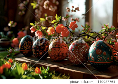 AI-generated content. Colourful Easter eggs in the kitchen on the table, with a background of spring flowers. AI-generated content. Colourful Easter eggs in the kitchen on the table, with a background of spring flowers. 110987763