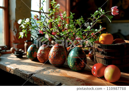 AI-generated content. Red and yellow apples on a wooden countertop in the kitchen. 110987788