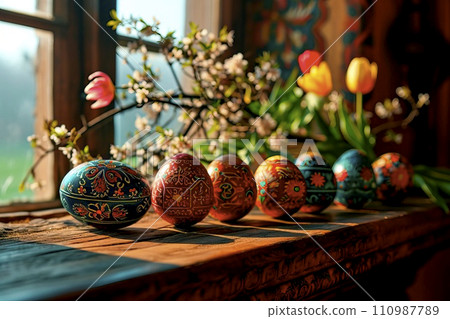 AI-generated content. Colourful Easter eggs painted in the traditional way are drying on the windowsill. 110987789
