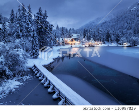Aerial view of snowy village, trees, lake, street lights at night Aerial view of snowy village, trees, lake, street lights at night 110987829
