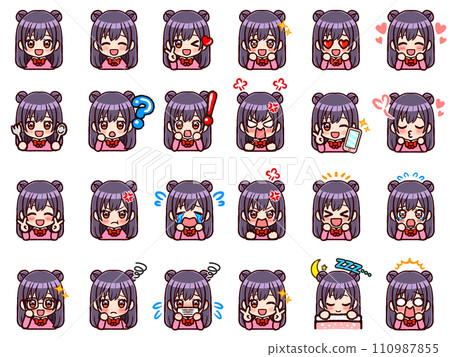 Chibi character facial expression illustration set of girl with twin buns Chibi character facial expression illustration set of girl with twin buns 110987855