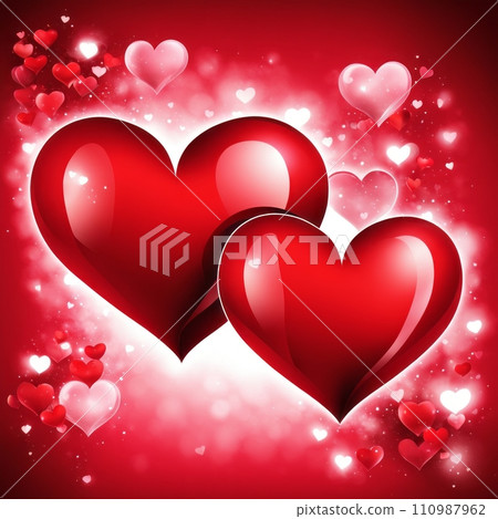 Red pair of hearts with bright light decorative garlands and golden confetti, Romantic background. 110987962