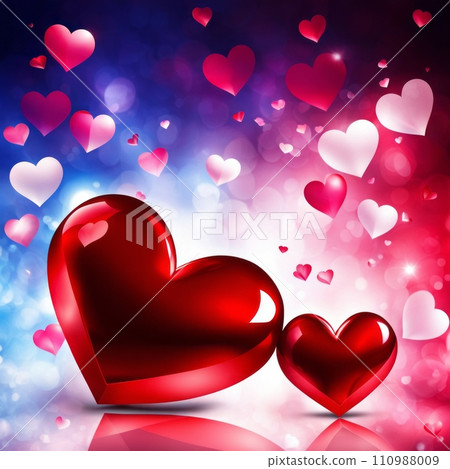 Red pair of hearts with bright light decorative garlands and golden confetti, Romantic background. Red pair of hearts with bright light decorative garlands and golden confetti, Romantic background. 110988009