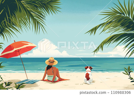 Picturesque image of vacationing woman relaxing on the beach with her dog, capturing the tranquil atmosphere of a beach day. 110988306