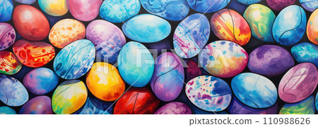 AI-generated content. Watercolor style painted Easter eggs background in different colors and patterns, vibrant filled space, wide banner 110988626