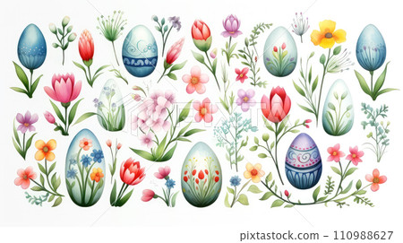 AI-generated content. Watercolor style painted illustration with Easter eggs with different designs and patterns, spring flowers on white background. Postcard or banner 110988627
