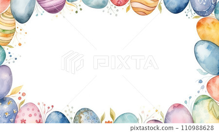 AI-generated content. Watercolor style painted Easter eggs on white background, copy space for text. Postcard or banner 110988628