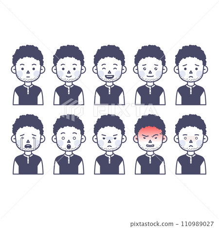 man with curly hair who expresses various emotions 110989027