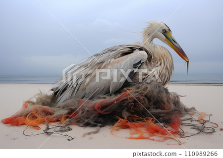 AI-generated content. Pelican Trapped in Fishing Net on Shore 110989266