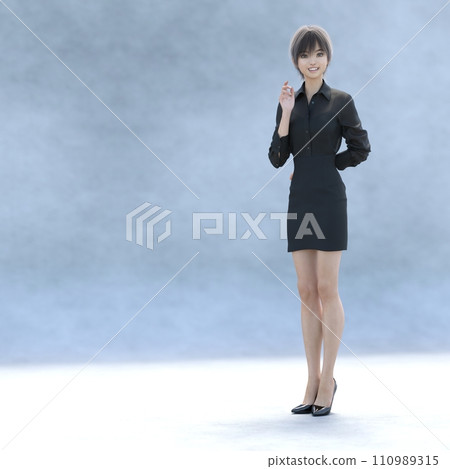 黑色服裝燙髮的美腿女人3DCG插畫素材 110989315