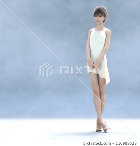 Beautiful legs woman wearing ivory silk dress perming3DCG illustration material 110989528
