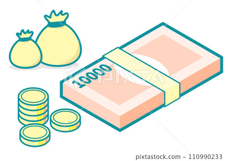 Illustration of cash and drawstring bag 110990233