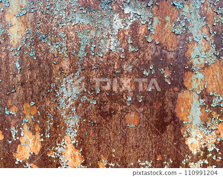 Rusty metal background with streaks of rust. Corroded metal background. Rust stains. Rusty corrosion. 110991204