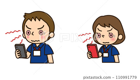 Men and women with bloodshot eyes from looking at their smartphones too much 110991779