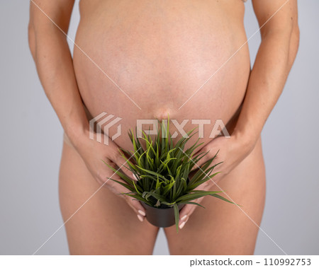 Faceless pregnant woman holding a plant. Metaphor for epilation of the bikini area. Faceless pregnant woman holding a plant. Metaphor for epilation of the bikini area. 110992753