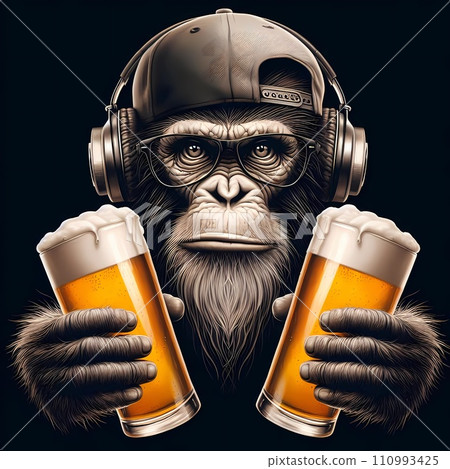 A hip hop monkey holding two same pints of beer. A hip hop monkey holding two same pints of beer. 110993425
