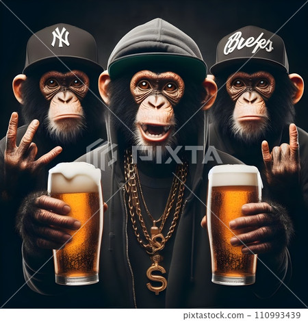 A hip hop monkey holding two same pints of beer. 110993439