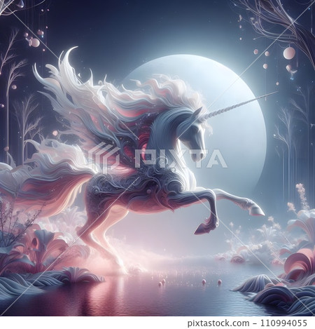 A graceful unicorn in a mystical forest in moonlight white and fairy dust pink. 110994055
