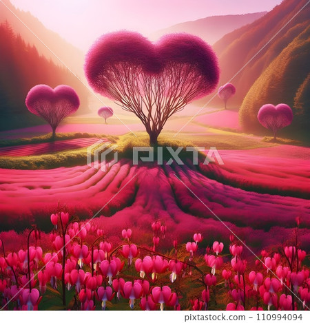 Beautiful landscape a spring field with fuchsia heart-shaped trees. 110994094