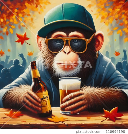 Painting of hiphop monkey drinking beer at a bar. Painting of hiphop monkey drinking beer at a bar. 110994198