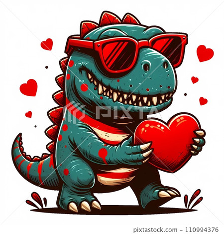 SCARY dinasour carries a heart and wearing red sunglasses, illustration 110994376