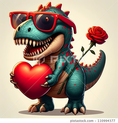 SCARY dinasour carries a heart and wearing red sunglasses, illustration 110994377