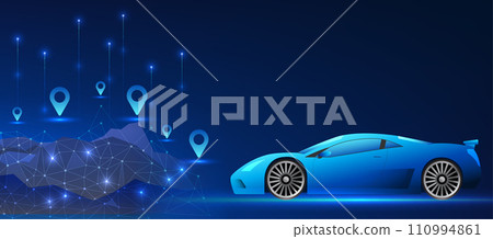 Smart car technology background One of the most innovative vehicles connected to technology is a vehicle with a GPS navigation system. Sports car heading towards the mountains with GPS markers 110994861