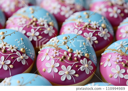 easter egg shaped cookies with colorful icing and painting floral ornament easter egg shaped cookies with colorful icing and painting floral ornament 110994989