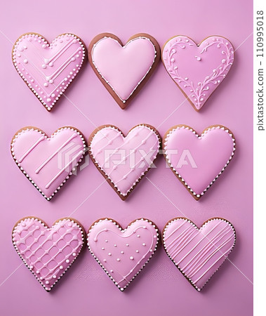 Delicious pink heart shaped cookies arranged in flat lay style background 110995018