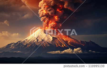 Powerful volcano eruption in the dark. Big explosion. 110995130