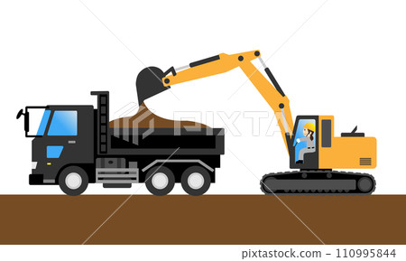 A female worker loads earth and sand excavated by a shovel car onto a dump truck. 110995844