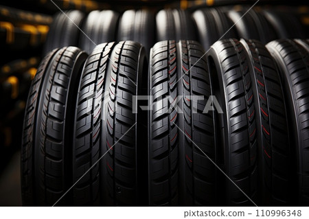 New black tires pile on a dark black background close-up. Tire fitting background with stack of car tires. Copy space. Generative AI 110996348